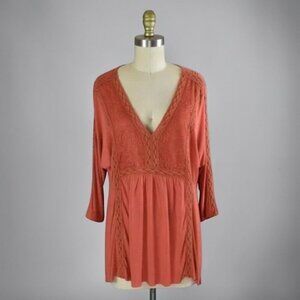ANTHROPOLOGIE LANGUAGE BURNT ORANGE EMBROIDERED 3/4 SLEEVE TOP